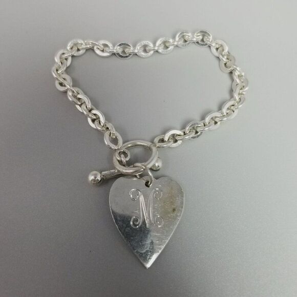 Vintage Basch Sterling Silver M Monogram Heart Charm Bracelet, Initial Letter - Picture 2 of 9